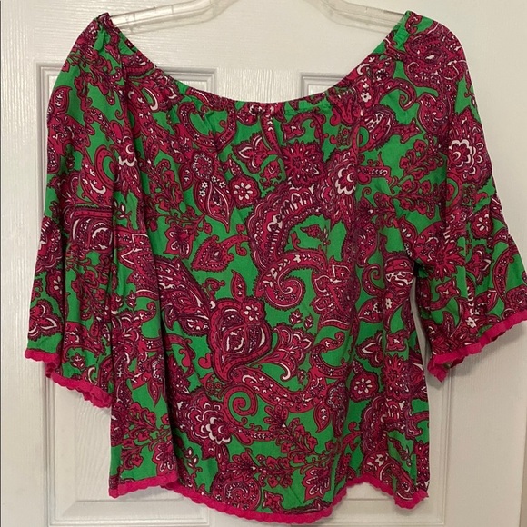 crown & ivy Tops - Crown & Ivy Pink XL Petite Hot Pink and Green Ruffled 3/4 Sleeve Blouse